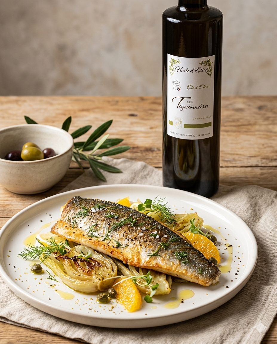 Filet d'Huile d'Olive extra vierge des Teyssonni&egrave;res sublimant un plat de cuisine proven&ccedil;ale gastronomique.